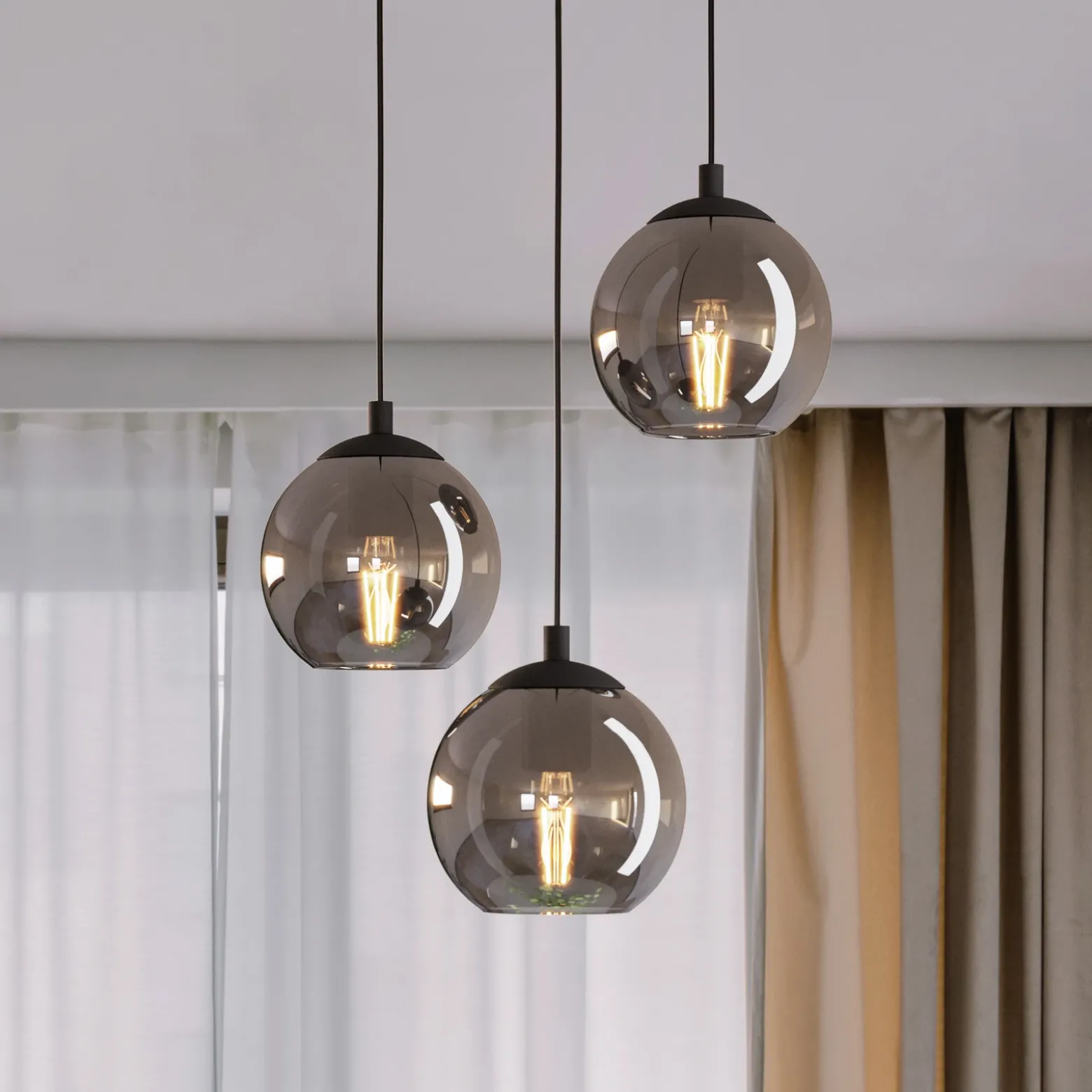 Lámpara colgante Ariscani, gris humo, Ø 43 cm, 3 luces, cristal, E27