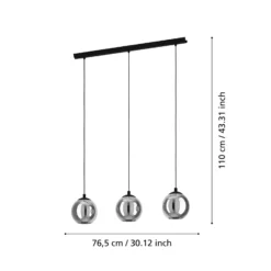 Lámpara colgante Ariscani, gris humo, longitud 77 cm, 3 luces de cristal E27