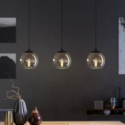 Lámpara colgante Ariscani, gris humo, longitud 77 cm, 3 luces de cristal E27