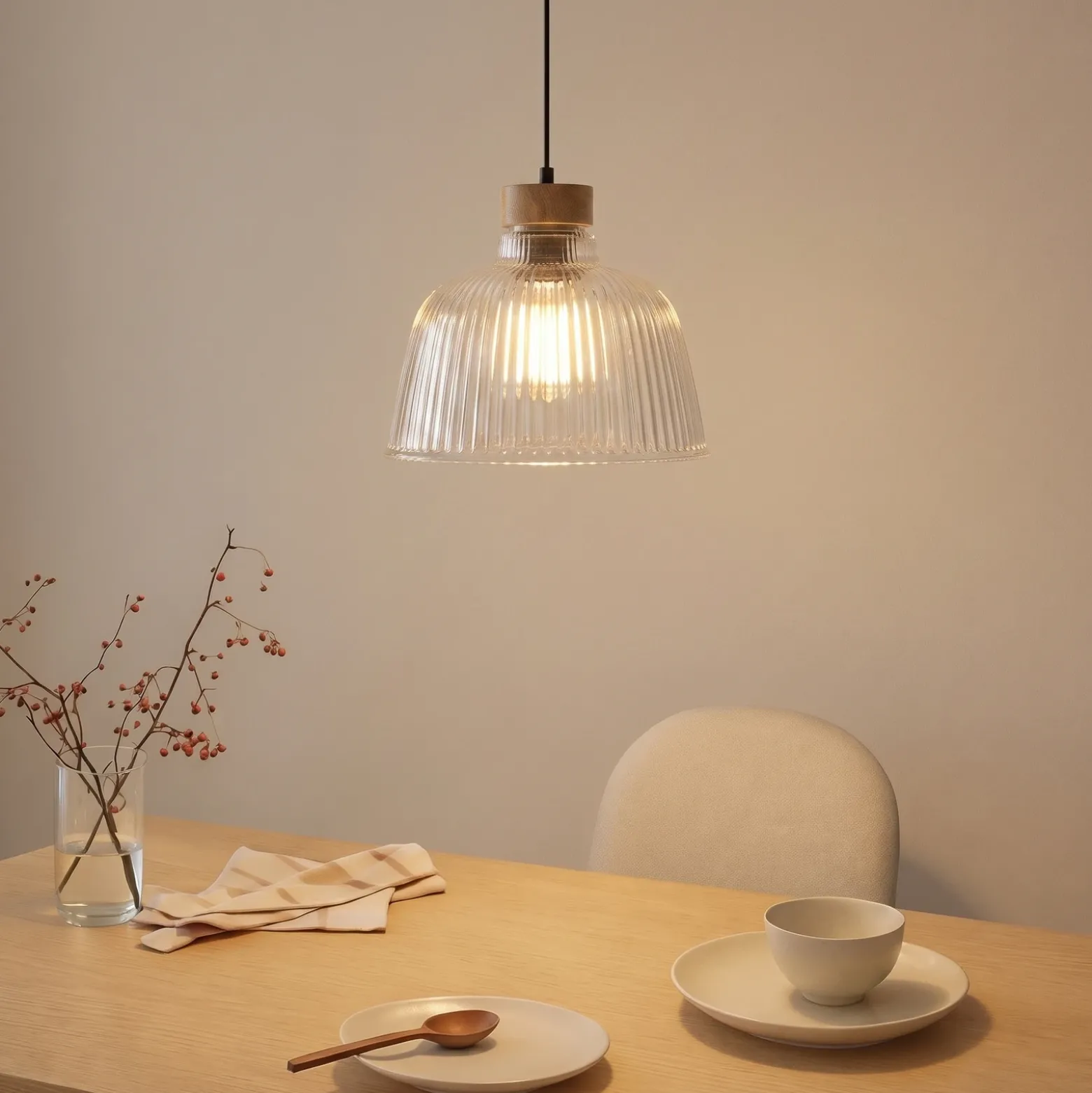 Lámpara colgante Asta, madera de roble/cristal, Ø 28 cm, E27