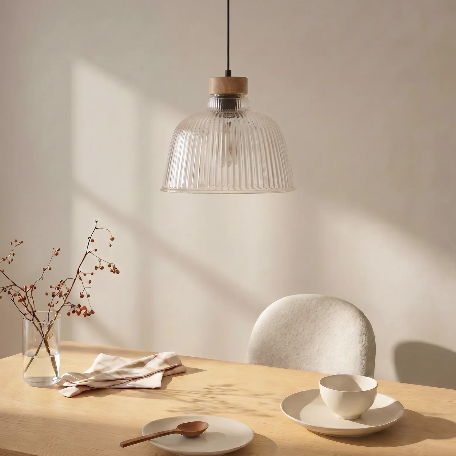 Lámpara colgante Asta, madera de roble/cristal, Ø 28 cm, E27