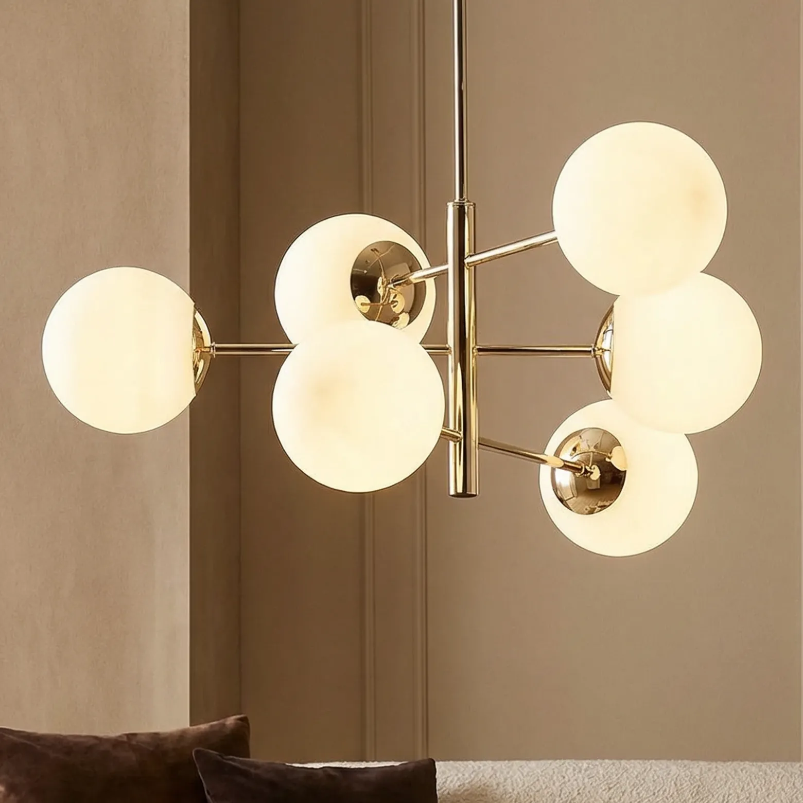 Lámpara colgante Aurora, dorada, 6 luces, cristal, metal