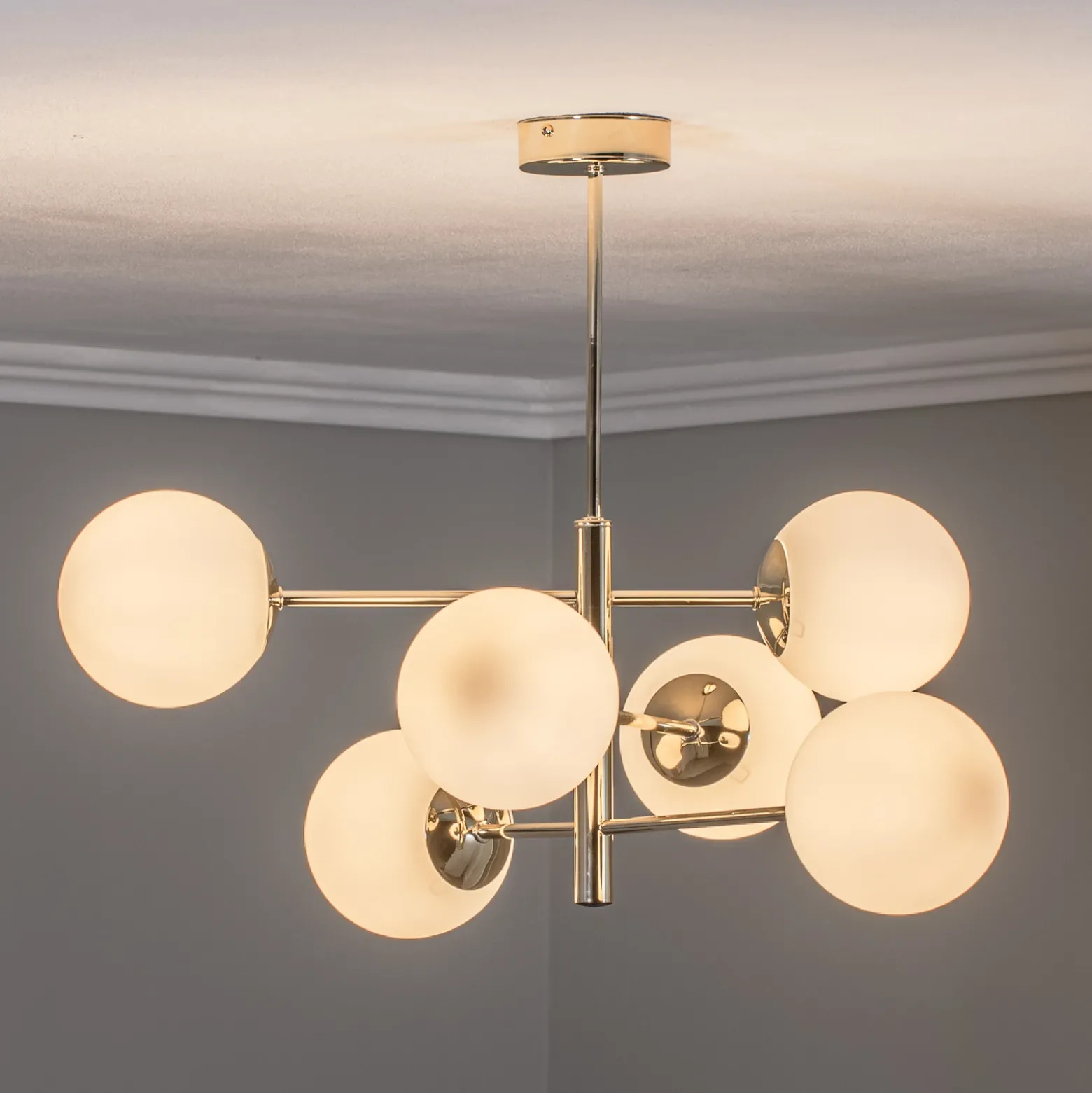Lámpara colgante Aurora, dorada, 6 luces, cristal, metal