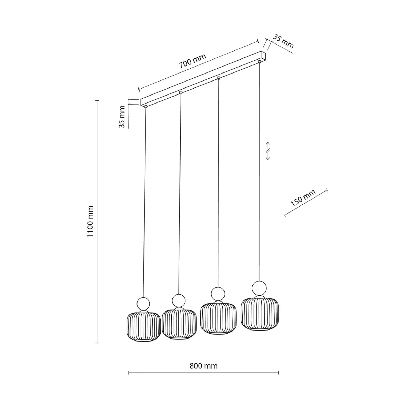 Lámpara colgante Ballo, 4 luces, beige, cristal, longitud 80 cm