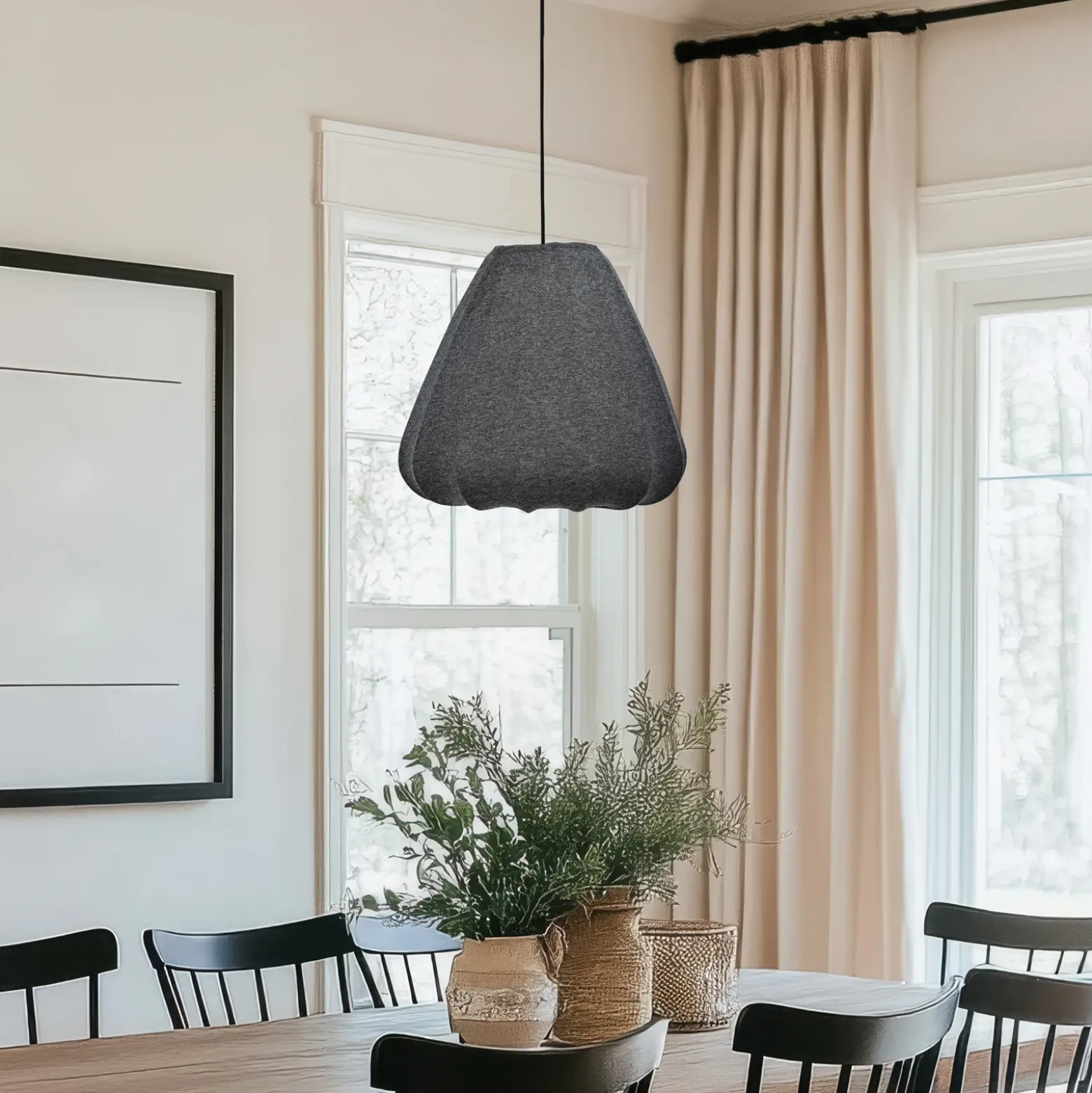 Lámpara colgante Barlaston, Ø 35 cm, negro/gris, metal, tela