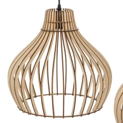Lámpara colgante Barrel con pantallas de madera, 3 luces, larga