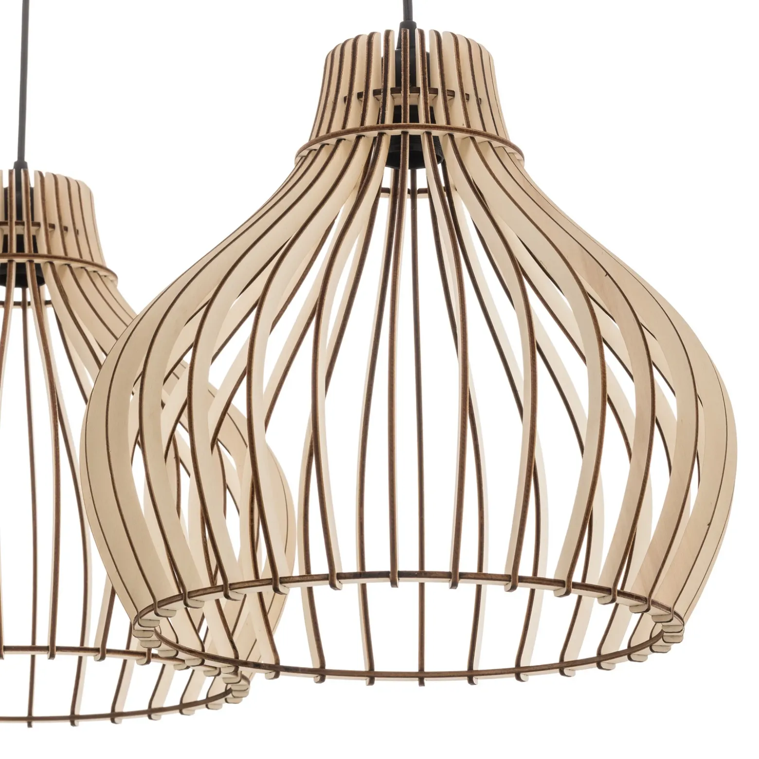 Lámpara colgante Barrel con pantallas de madera, 3 luces, larga