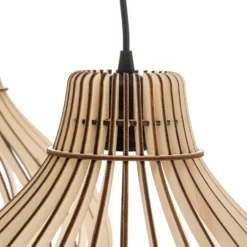 Lámpara colgante Barrel con pantallas de madera, 3 luces, larga