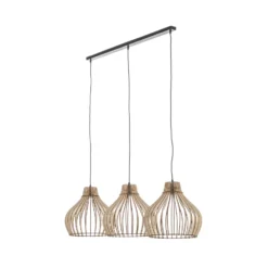 Lámpara colgante Barrel con pantallas de madera, 3 luces, larga