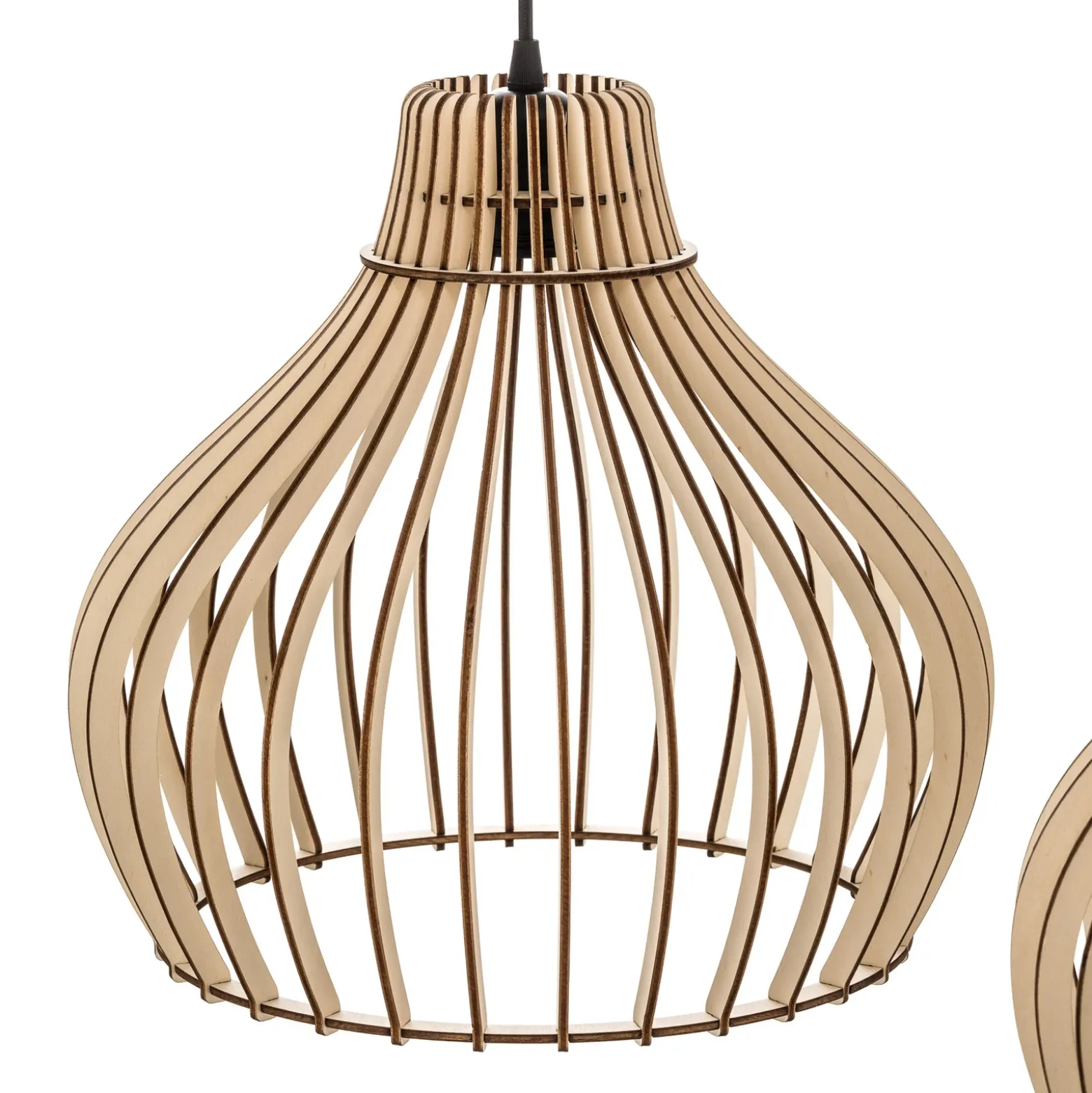 Lámpara colgante Barrel con pantallas de madera, 3 luces, larga