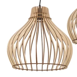 Lámpara colgante Barrel con pantallas de madera, 3 luces, redonda