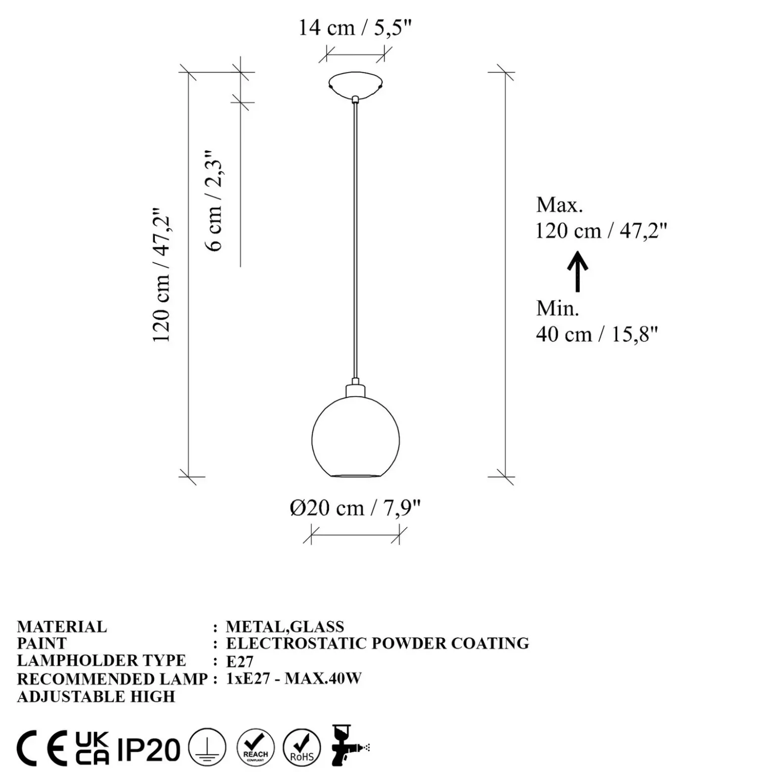 Lámpara colgante Benek, amarilla, cristal, Ø 20 cm, E27