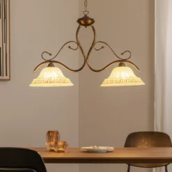 Lámpara colgante BILIARDO GIORGIO, crema/bronce, cristal/hierro 2 luces.