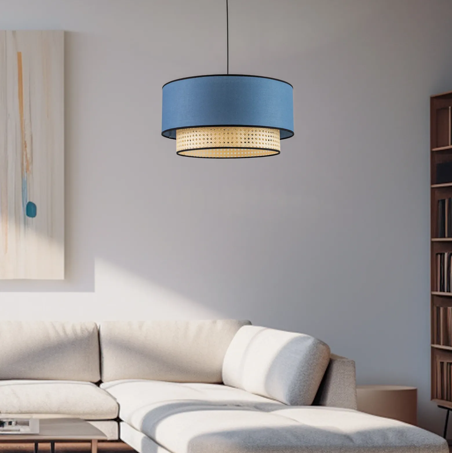 Lámpara colgante Boho, azul/madera, Ø 45 cm, tela/ratán