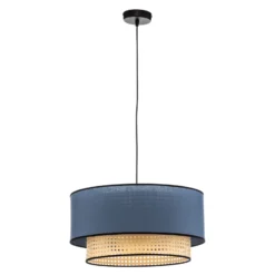 Lámpara colgante Boho, azul/madera, Ø 45 cm, tela/ratán