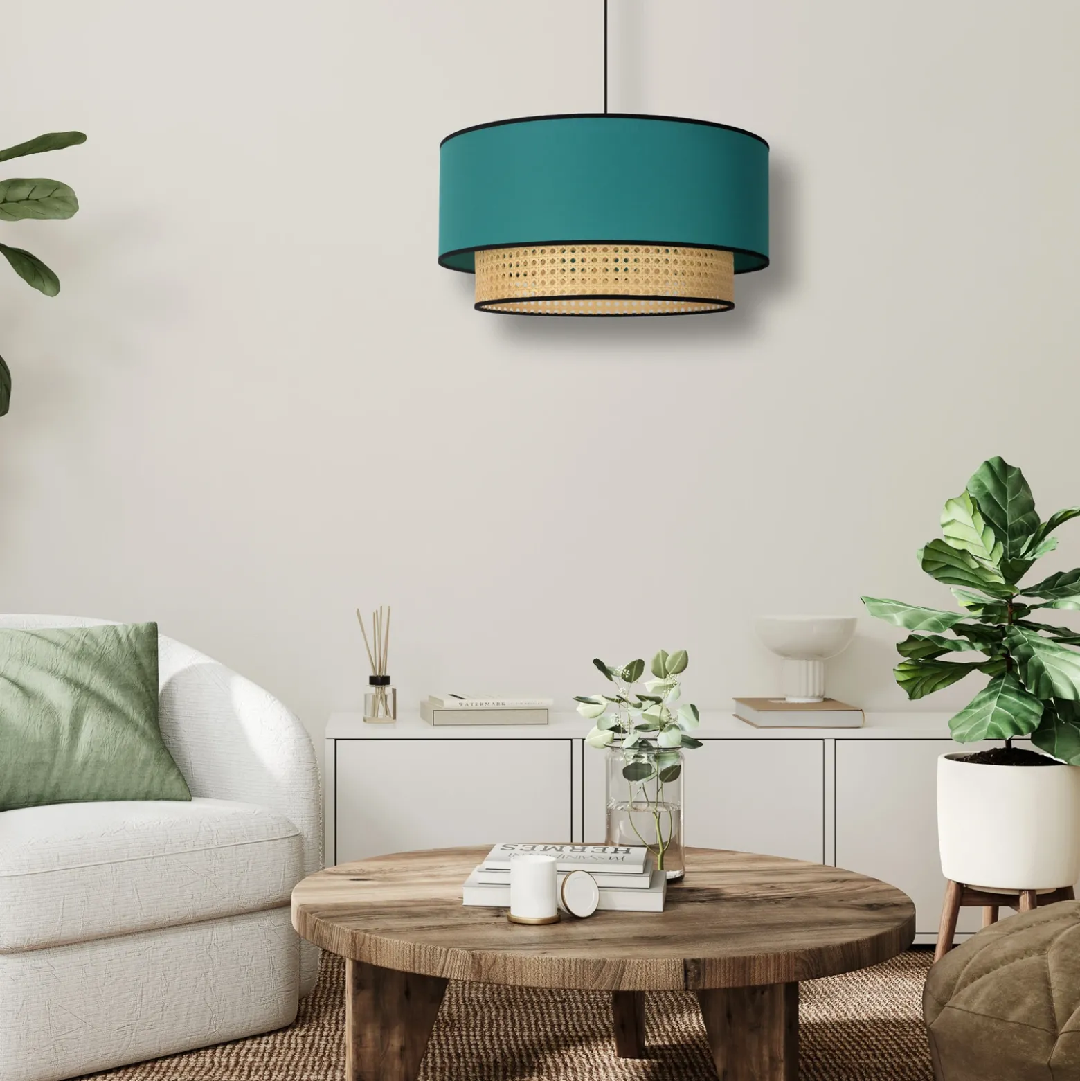Lámpara colgante Boho, azul petróleo/madera, Ø 45 cm, tela/ratán