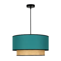 Lámpara colgante Boho, azul petróleo/madera, Ø 45 cm, tela/ratán