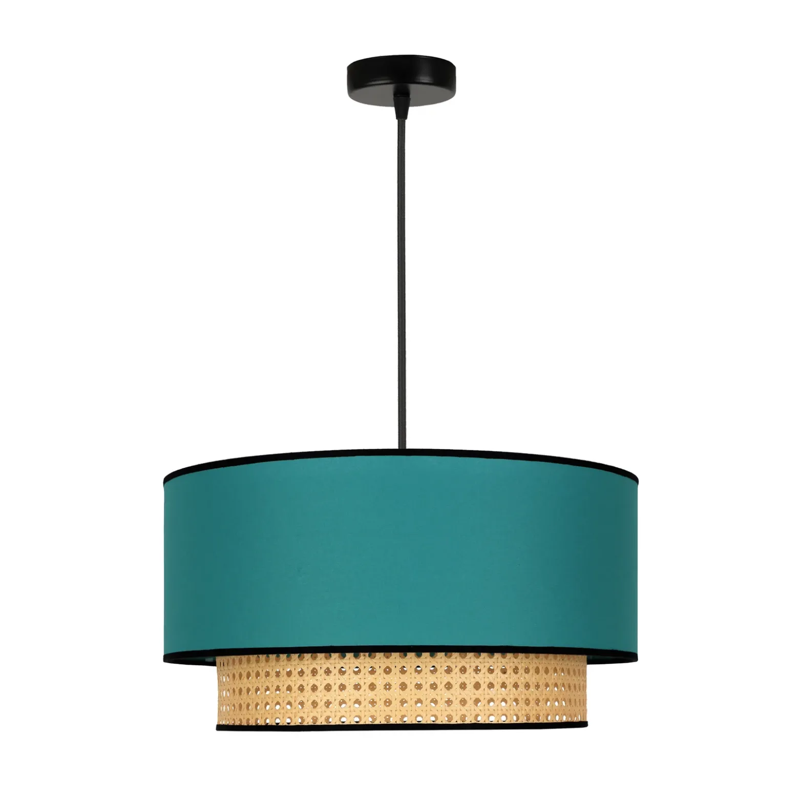 Lámpara colgante Boho, azul petróleo/madera, Ø 45 cm, tela/ratán