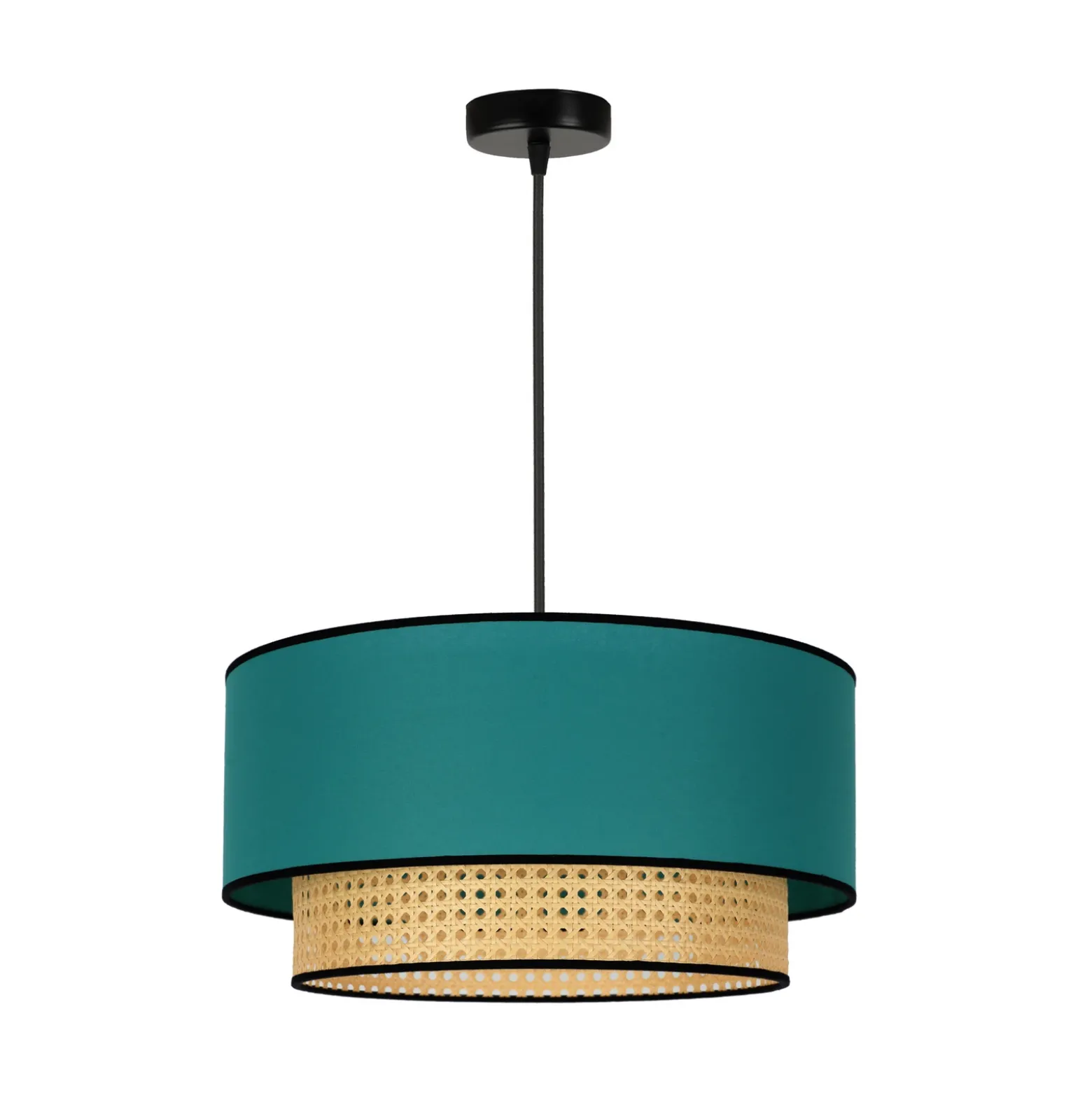 Lámpara colgante Boho, azul petróleo/madera, Ø 45 cm, tela/ratán