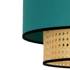 Lámpara colgante Boho, azul petróleo/madera, Ø 45 cm, tela/ratán
