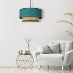 Lámpara colgante Boho, azul petróleo/madera, Ø 45 cm, tela/ratán