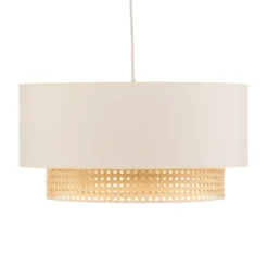 Lámpara colgante Boho, beige/madera, Ø 45 cm, tela/ratán