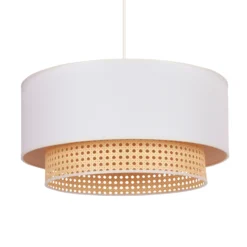 Lámpara colgante Boho, beige/madera, Ø 45 cm, tela/ratán
