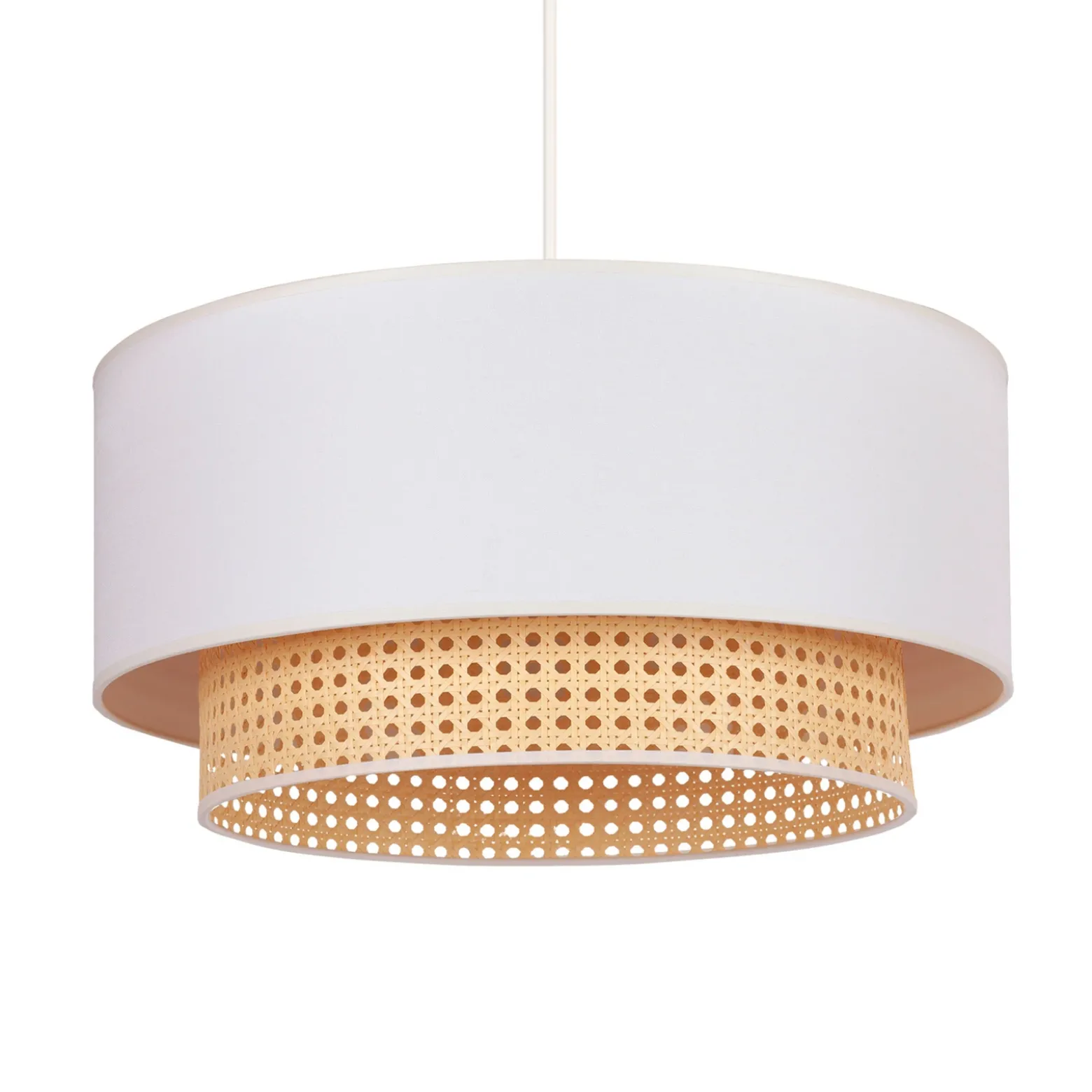 Lámpara colgante Boho, beige/madera, Ø 45 cm, tela/ratán