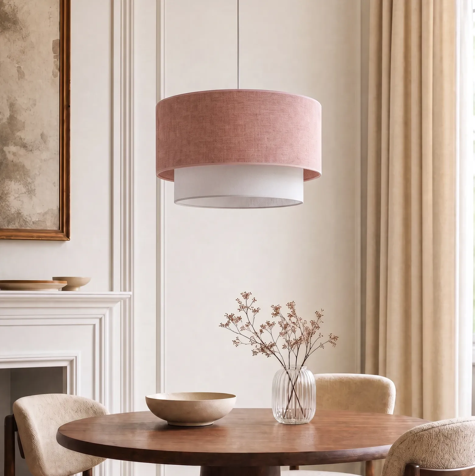 Lámpara colgante Boho, beige/rosa, Ø 45 cm, tejido, E27