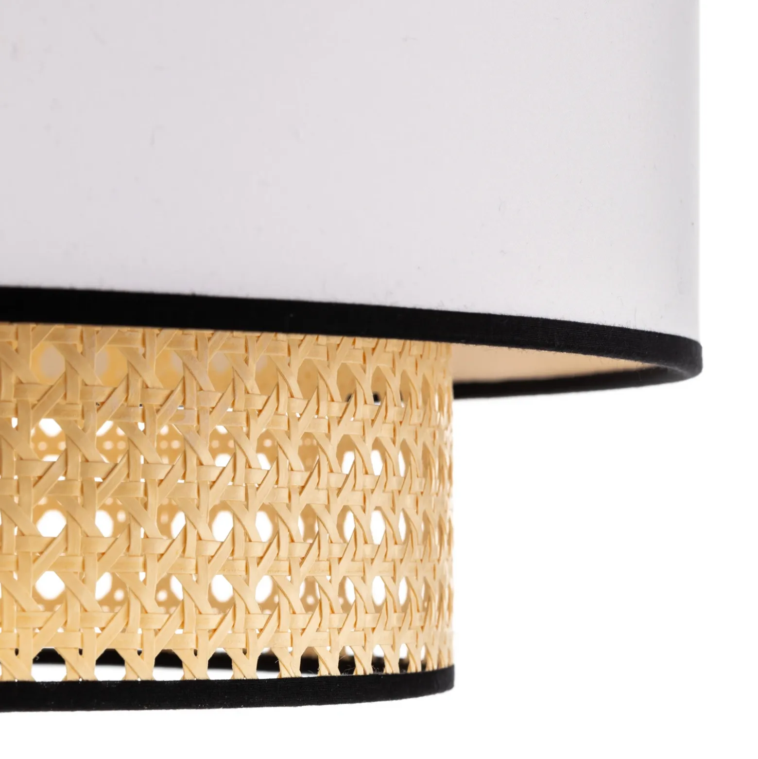 Lámpara colgante Boho, blanco/madera, Ø 45 cm, tela/ratán