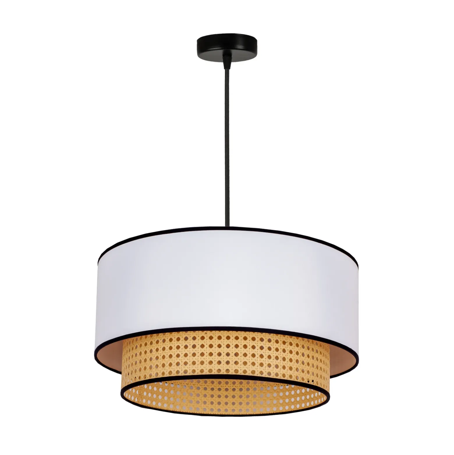 Lámpara colgante Boho, blanco/madera, Ø 45 cm, tela/ratán