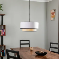 Lámpara colgante Boho, blanco/madera, Ø 45 cm, tela/ratán