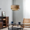 Lámpara colgante Boho, marrón/madera, Ø 45 cm, tela/ratán