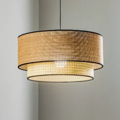 Lámpara colgante Boho, marrón/madera, Ø 45 cm, tela/ratán