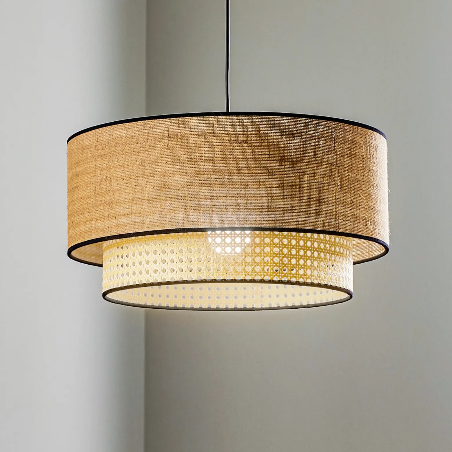 Lámpara colgante Boho, marrón/madera, Ø 45 cm, tela/ratán