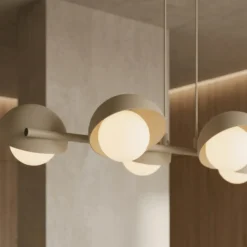 Lámpara colgante BOOM, color beige, longitud 88 cm, 6 luces, metal/cristal