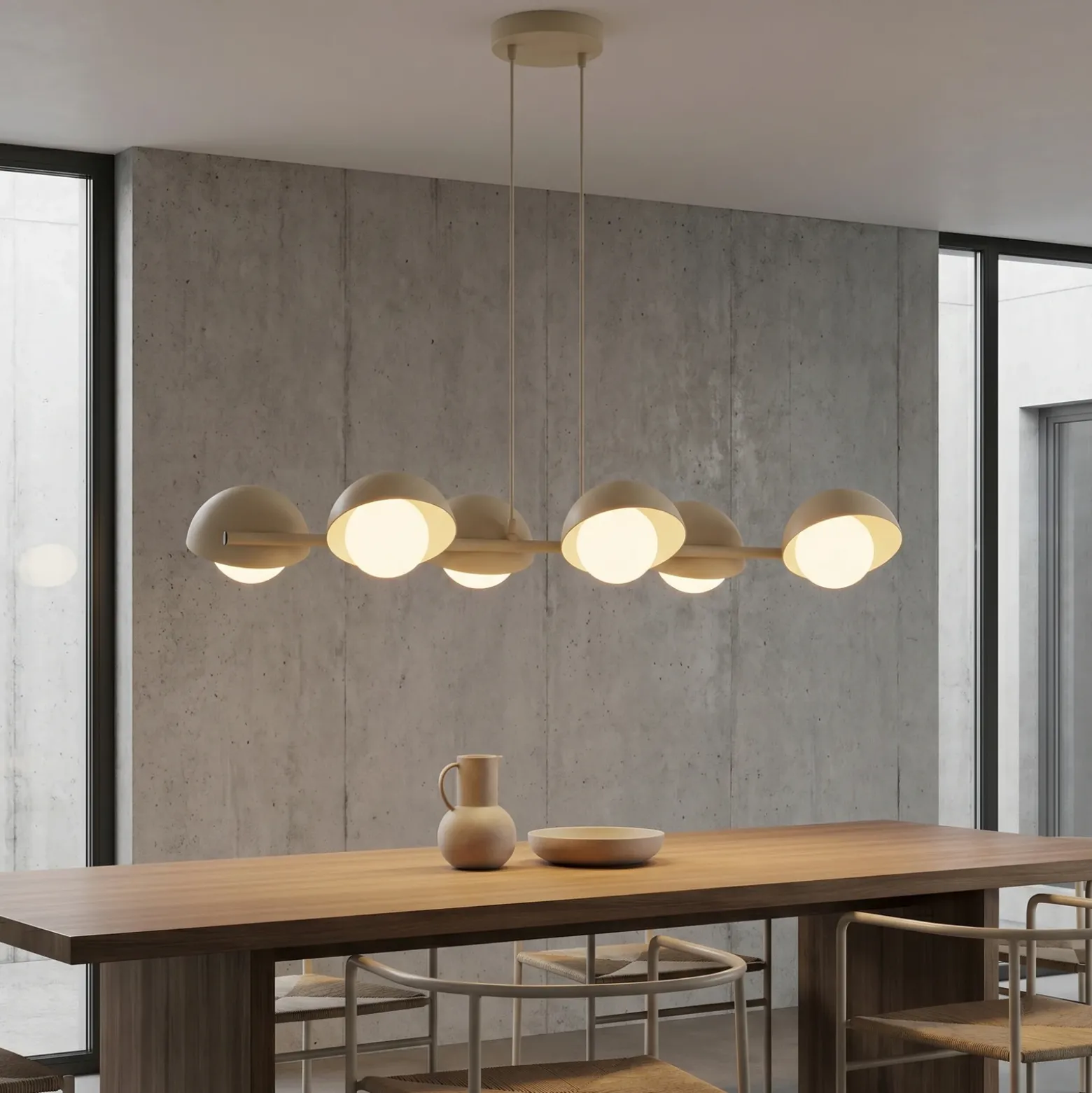 Lámpara colgante BOOM, color beige, longitud 88 cm, 6 luces, metal/cristal