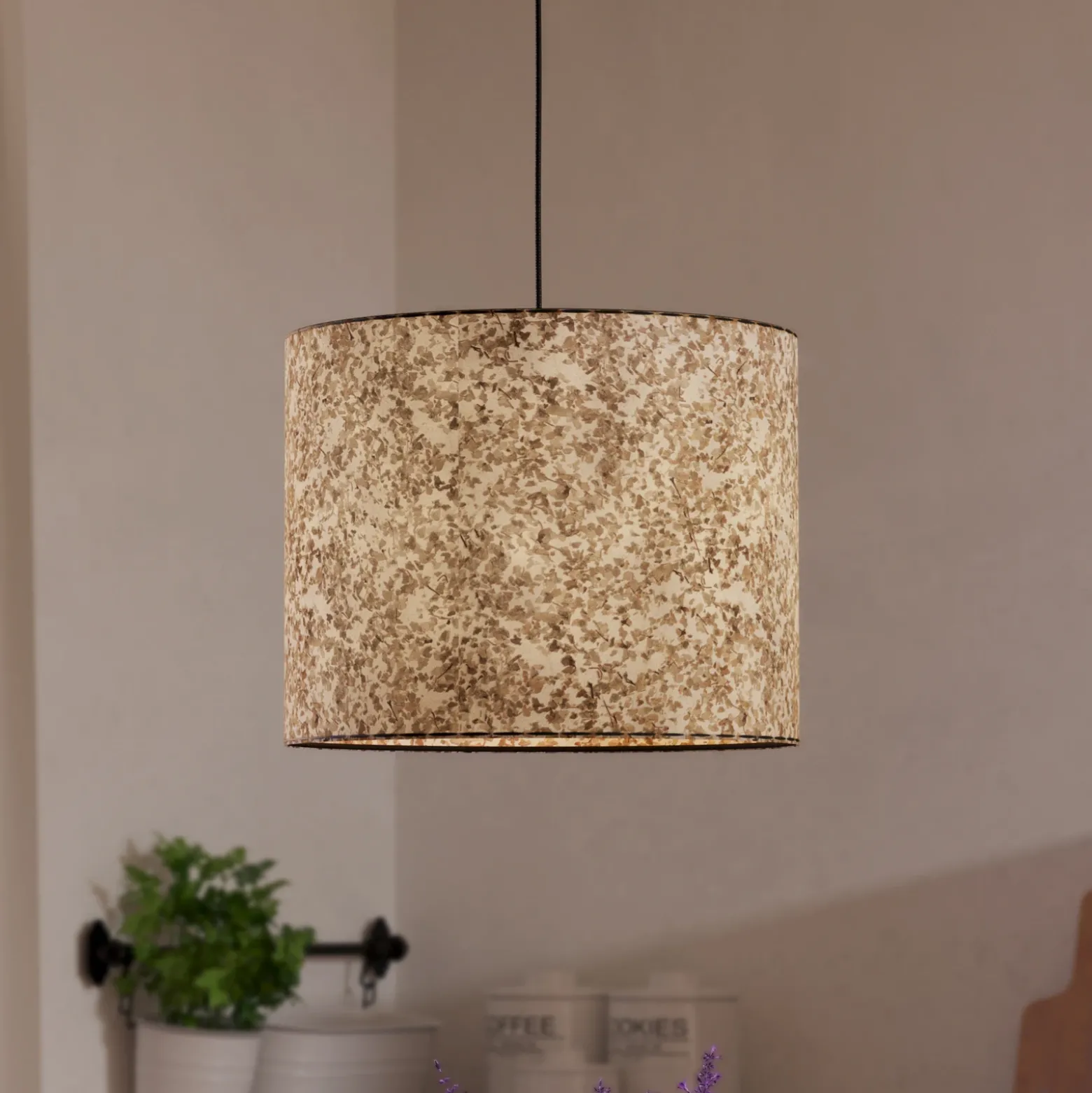 Lámpara colgante Butterburn, Ø 36 cm, beige/verde, tela