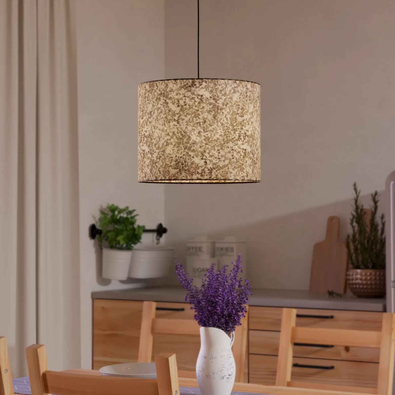 Lámpara colgante Butterburn, Ø 36 cm, beige/verde, tela