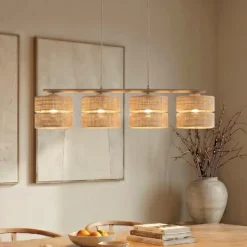 Lámpara colgante Calma, 4 luces, beige, rafia, longitud 95 cm