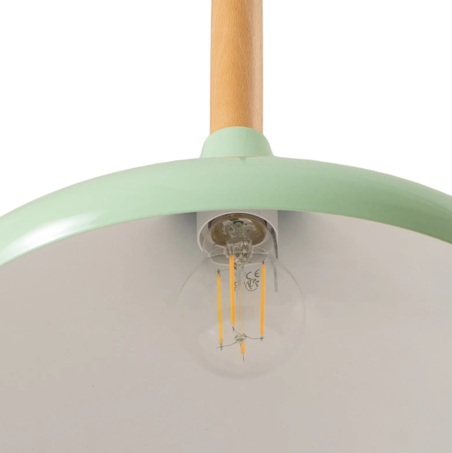 Lámpara colgante Chris, verde menta/blanco, Ø 35 cm, metal, detalle madera