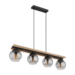 Lámpara colgante Conni, longitud 85 cm, gris humo, madera/vidrio, 4 luces.