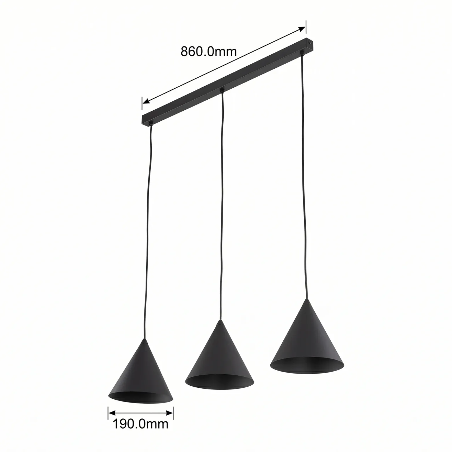 Lámpara colgante Cono, 3 luces, negro, E27