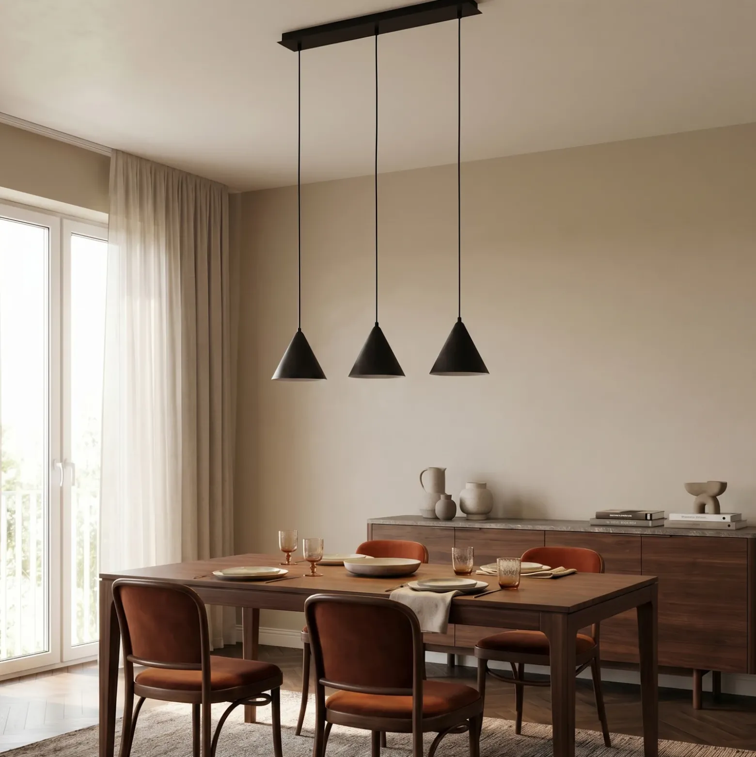 Lámpara colgante Cono, 3 luces, negro, E27