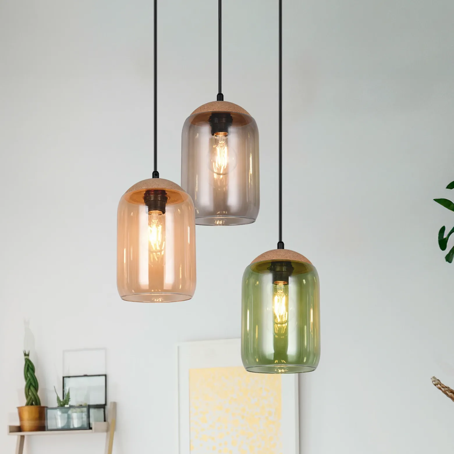 Lámpara colgante Cork, multicolor, Ø 30 cm, 3 luces, cristal/corcho