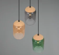 Lámpara colgante Cork, multicolor, Ø 30 cm, 3 luces, cristal/corcho
