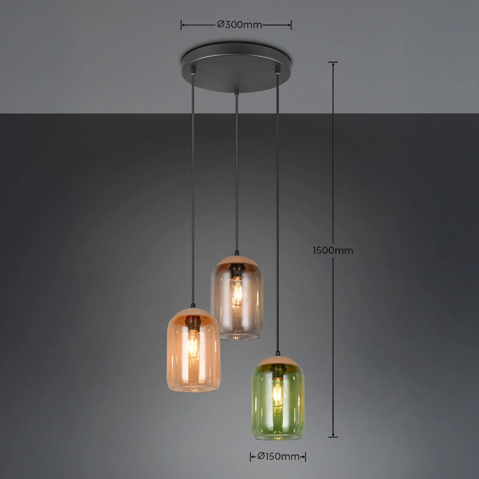Lámpara colgante Cork, multicolor, Ø 30 cm, 3 luces, cristal/corcho