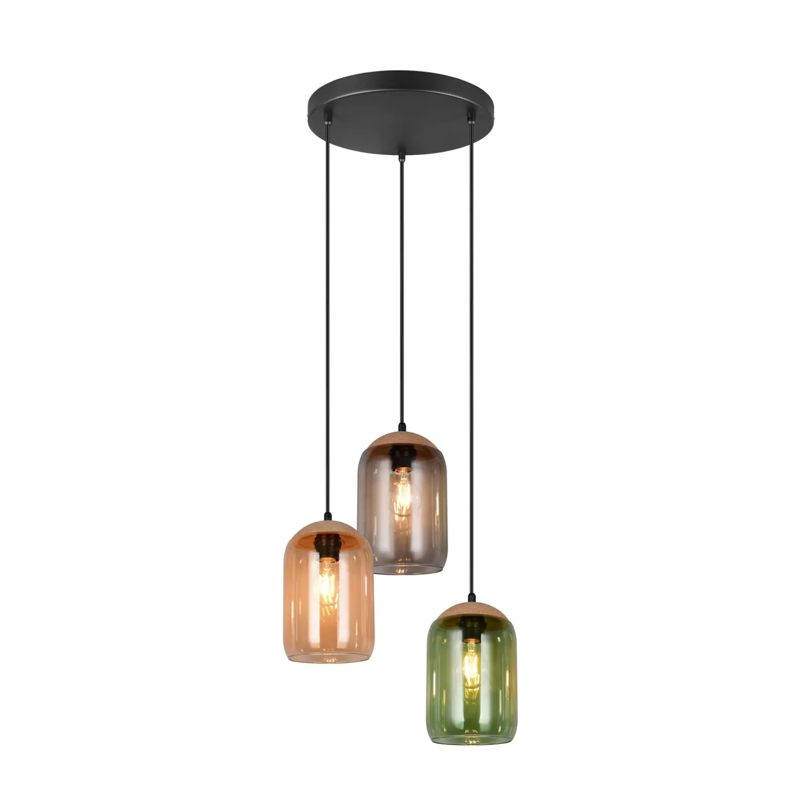 Lámpara colgante Cork, multicolor, Ø 30 cm, 3 luces, cristal/corcho