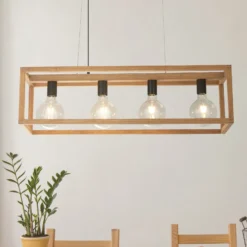 Lámpara colgante cuadrada, 4 luces, 90 cm de largo, bambú, E27