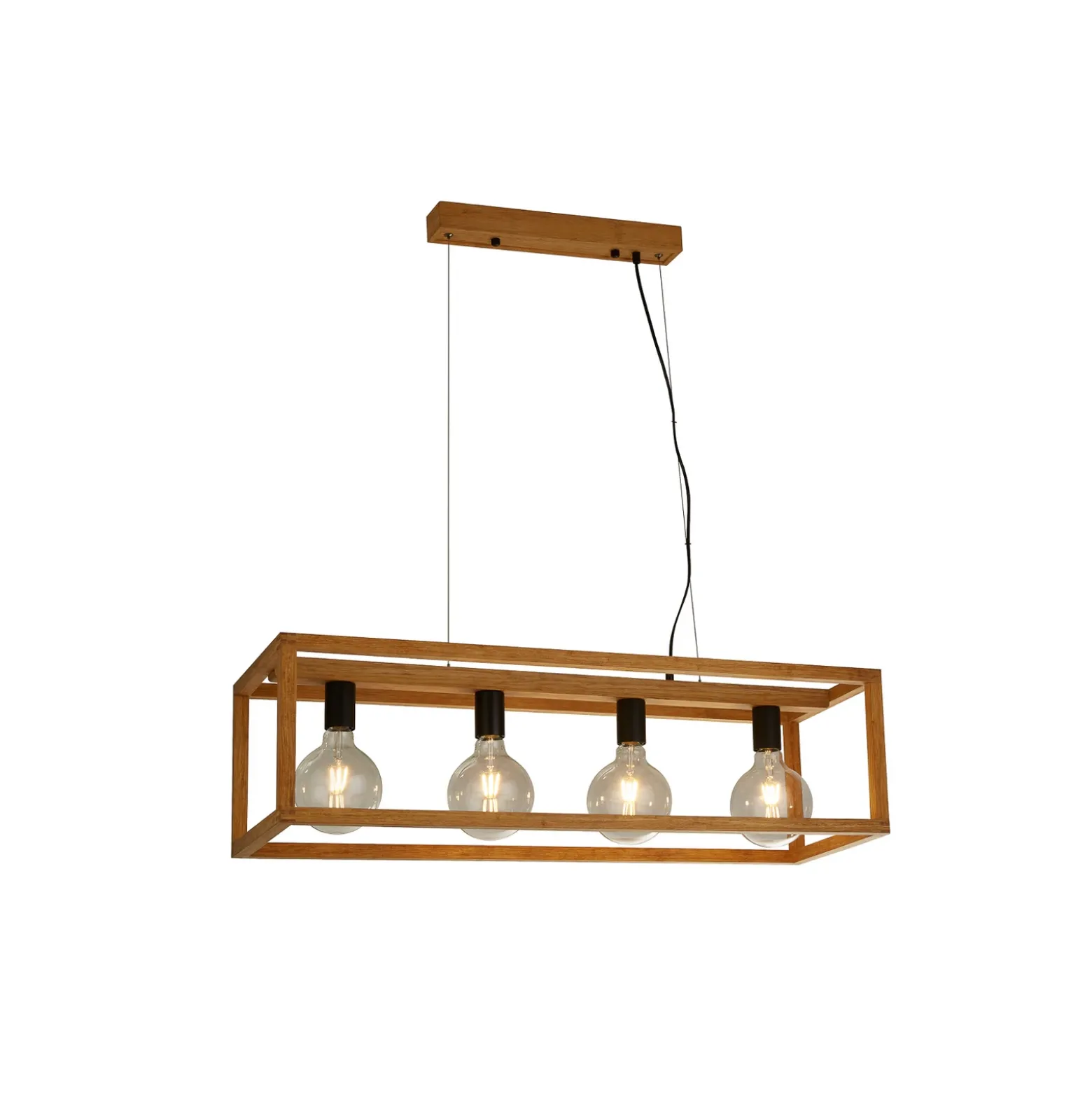 Lámpara colgante cuadrada, 4 luces, 90 cm de largo, bambú, E27